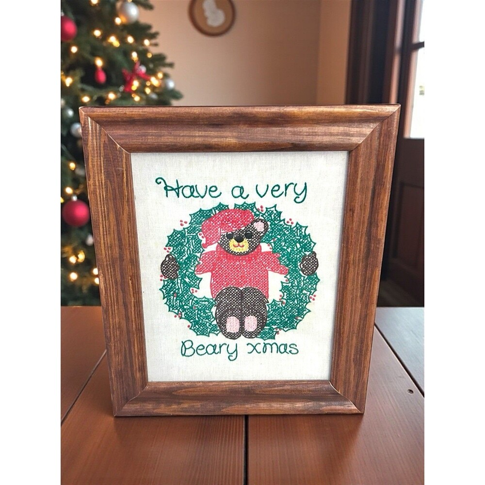 Vtg Completed Have A Beary Xmas Cross Stitch Wood Framed Bucilla Pattern Cottage